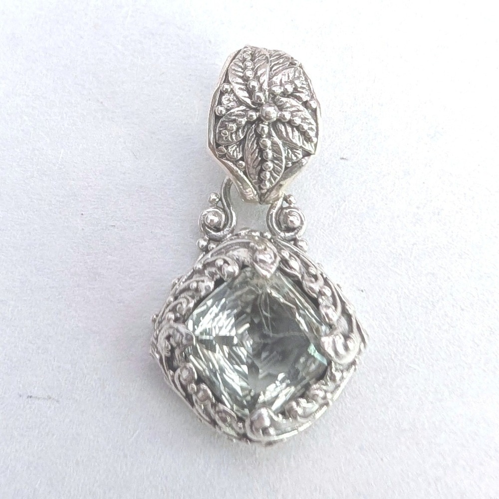 Sarda Sterling Silver Green Prasiolite Quartz Palm Leaf Filigree Cushion Pendant